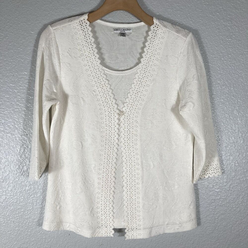 Womens Cardigan Blouse  Top PM Cream Floral Cut Outs Career Elegant Quite Luxury